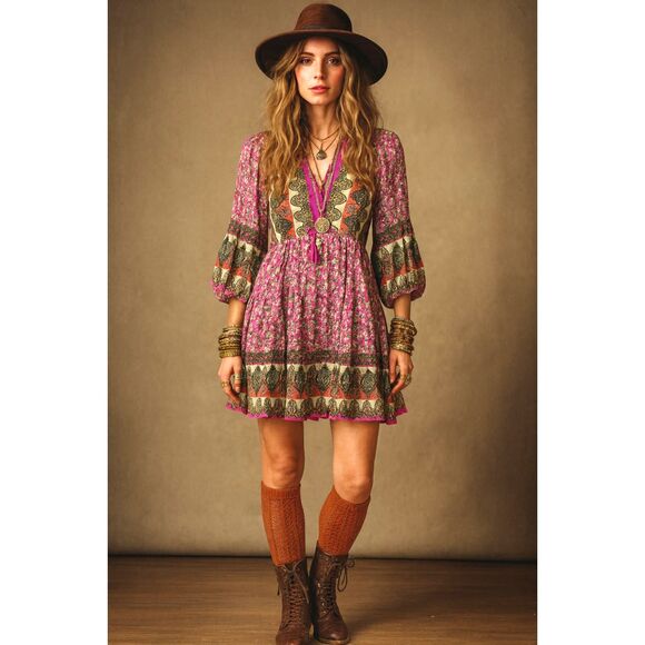 Umgee Boho Floral Mini Dress Pink Hippy Retro Stevie Nicks Vibes S M L - Picture 1 of 9